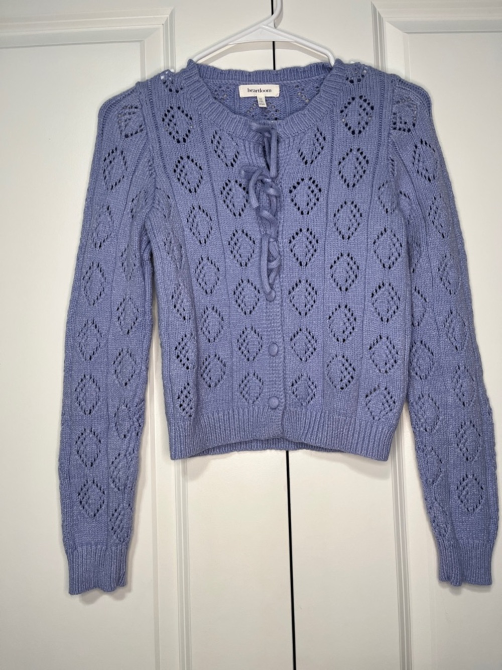 Heartloom Lilac Periwinkle Bow & Button Front Pointelle Cardigan